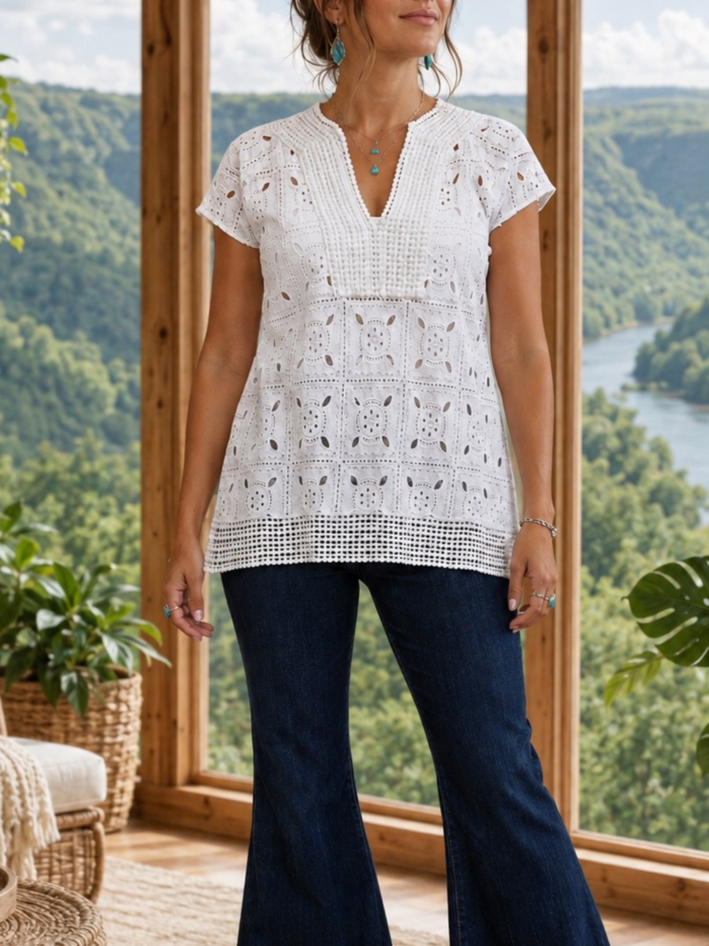 RAGA White Eyelet Crochet V‑Neck Blouse